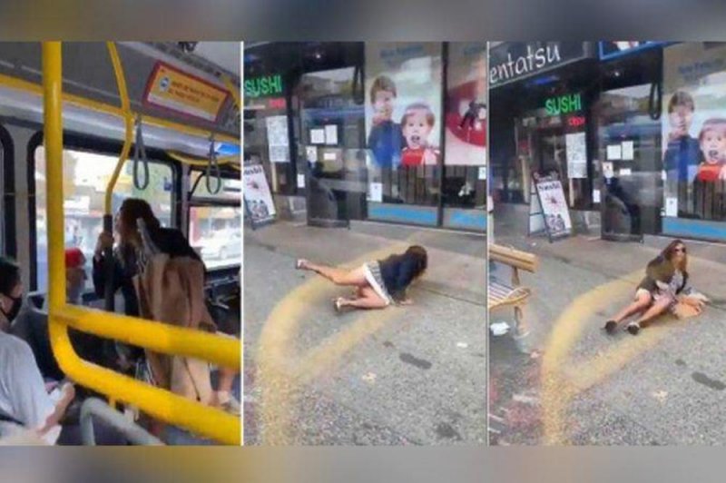 Sujeto lanza del camión de pasajeros a mujer SIN CUBREBOCAS que le escupe en la cara