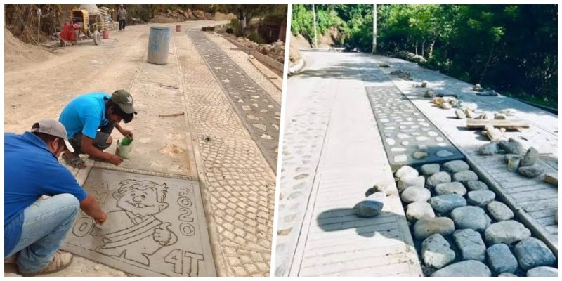 En forma de agradecimiento por el apoyo, pobladores dibujan a AMLO en camino de concreto