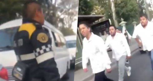 Conductores de combis se van a golpes a policía de tránsito 