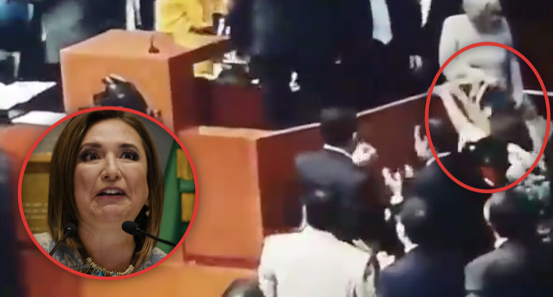 Exhiben a Xóchitl Gálvez vandalizando y destruyendo mobiliario de la tribuna del Senado. 