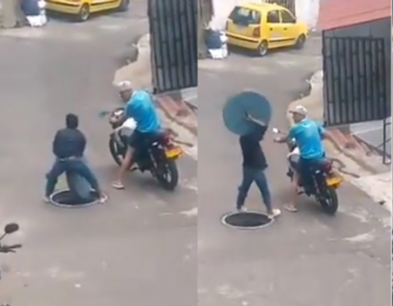 ¡El karma sí existe! Sujeto intenta robarse una alcantarilla y cae dentro de ella