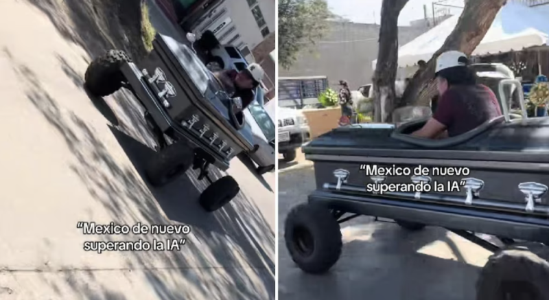 Captan a conductor viajando en auto con forma de ataúd y causa furor: “México le gana a la IA”