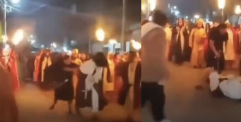 Centurión ataca a Jesús y suspenden la representación de la pasión de Cristo