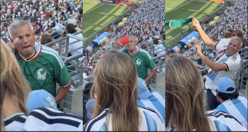 Aficionado mexicano responde insultos de fans argentinos, bailando y mostrándoles tarjeta roja
