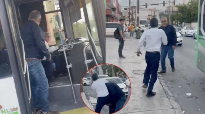 Captan en VIDEO una pelea a golpes entre automovilista y un chofer de camión urbano en Apodaca