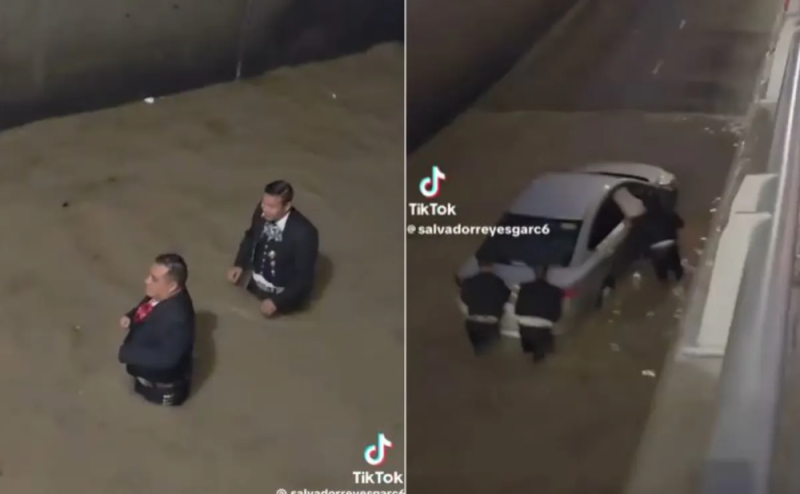 Héroes con traje de charro: Mariachis salvan a conductor varado en inundación de Juárez