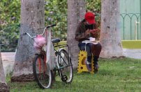 Joven toma sus clases en línea en un parque público a falta de internet en su casa 